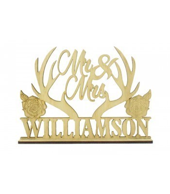Laser Cut Oak Veneer Personalised 'Mr & Mrs' Wedding Sign on a stand - Antlers & Roses Design